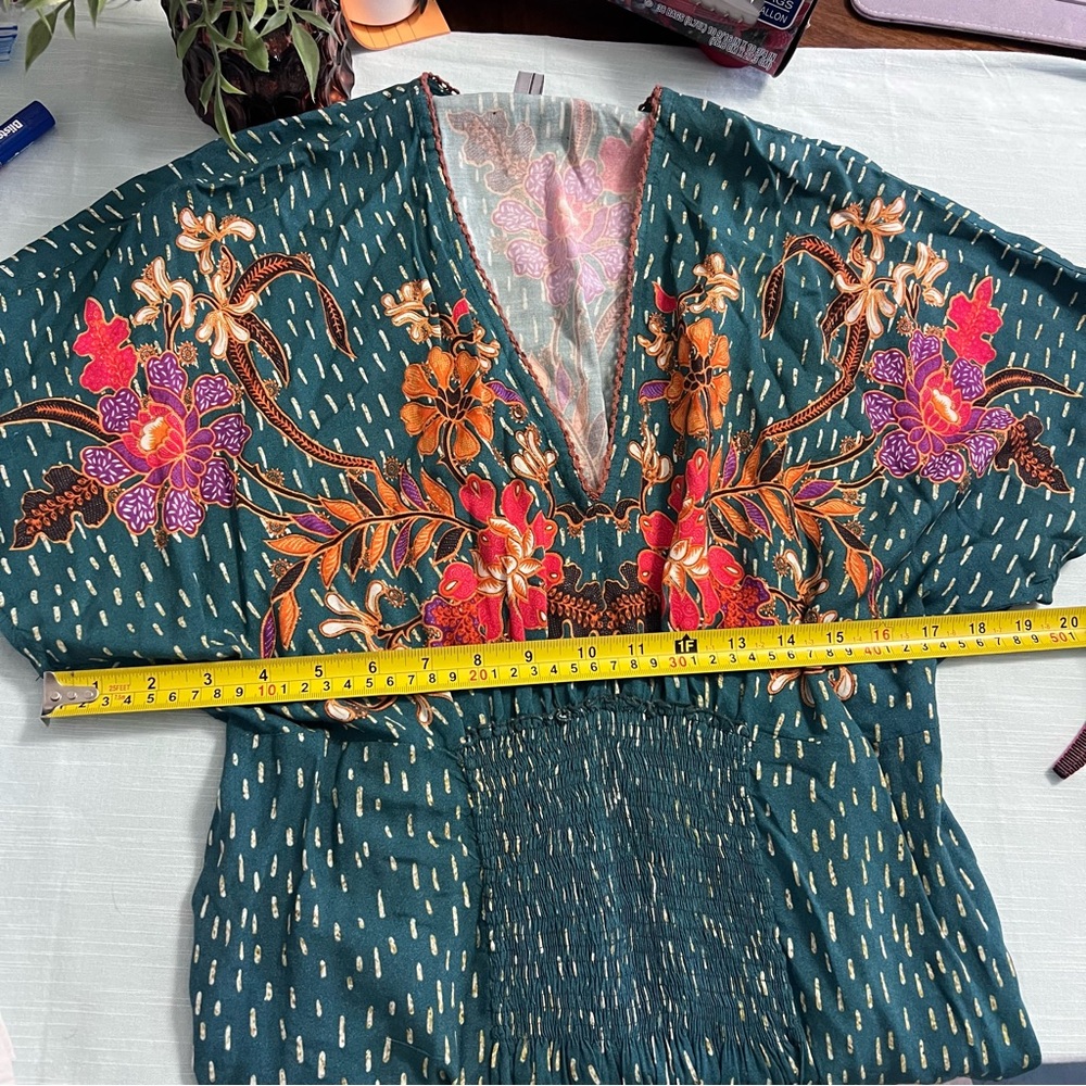 Anthropologie Blank London Teal Floral Print Tatiana Kaftan Dress One Size - Picture 8 of 14